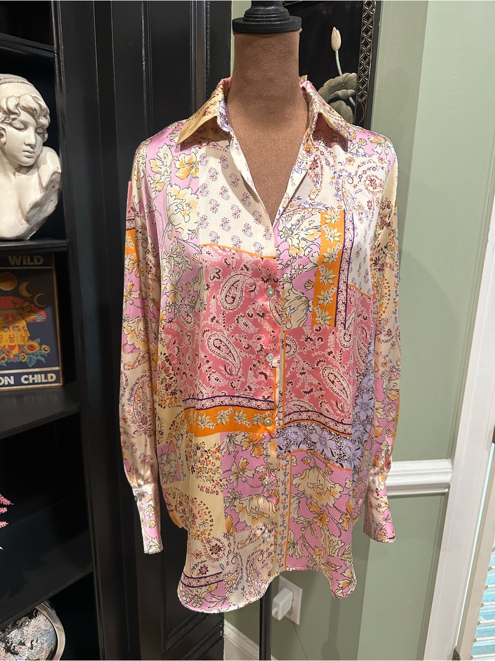 ZARA Satin Patchwork Button‑Up Blouse – Size XS (Oversized Fit)
